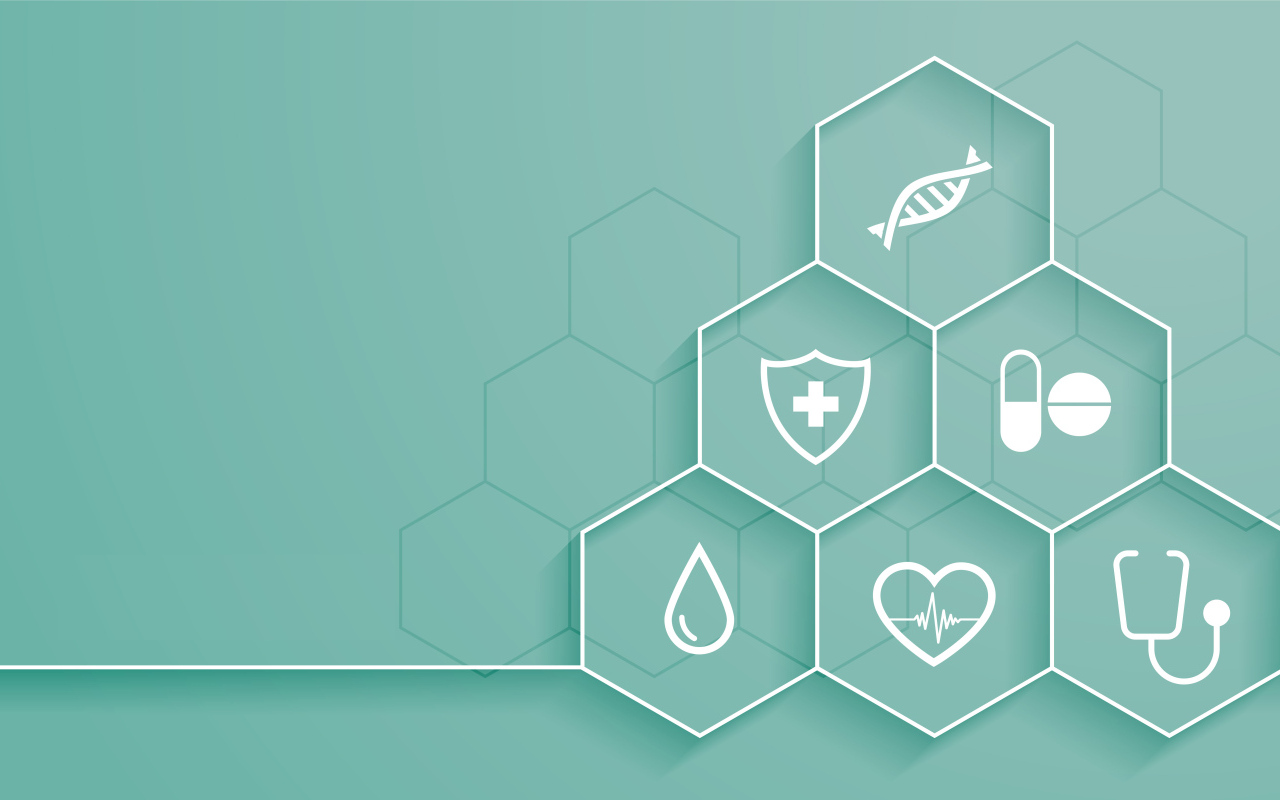 Соты с медицинскими элементами на голубом фоне