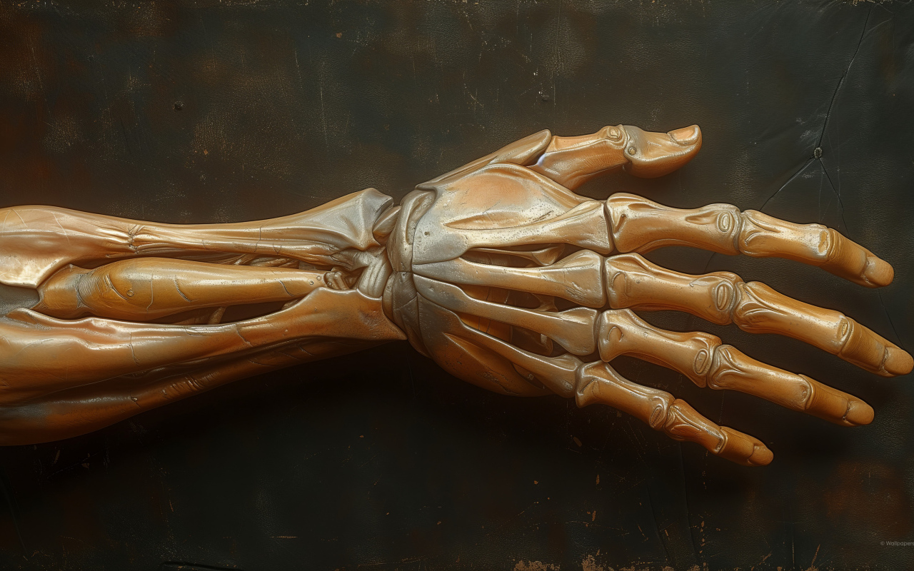 Рука скелета на серой поверхности 3д графика