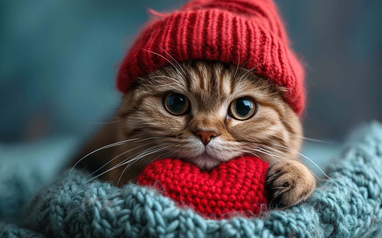 Рыжий кот в красной вязаной шапке с сердечком в лапах