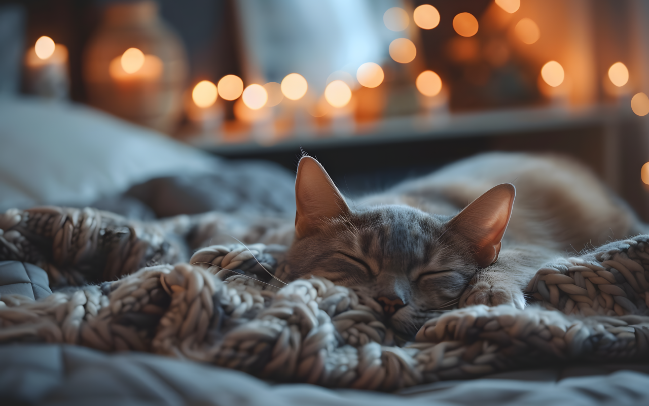 Довольный кот спит на кровати в квартире