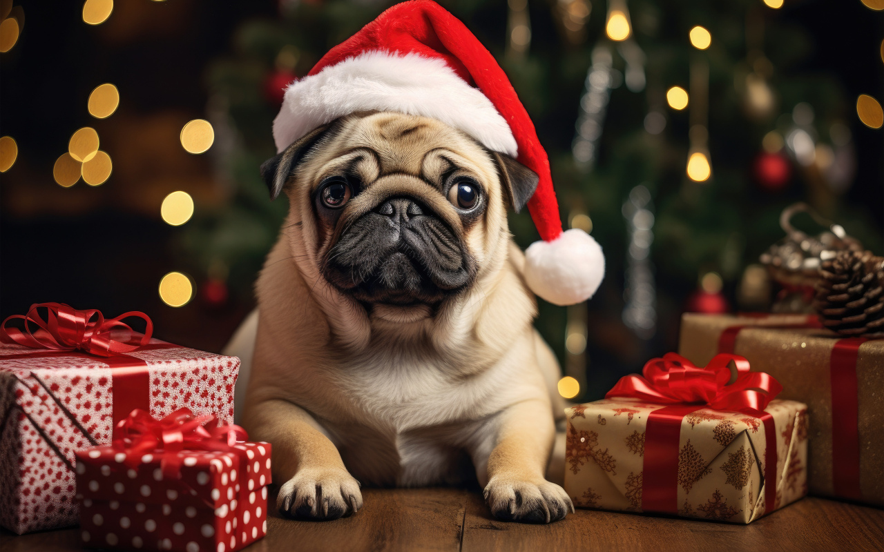 Мопс с подарками под новогодней елкой