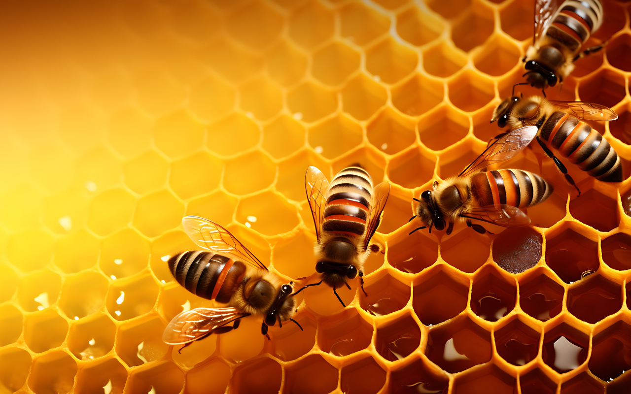 Пчелы сидят на сладких медовых сотах 