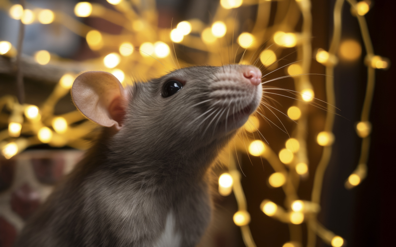 Серая крыса на фоне гирлянды