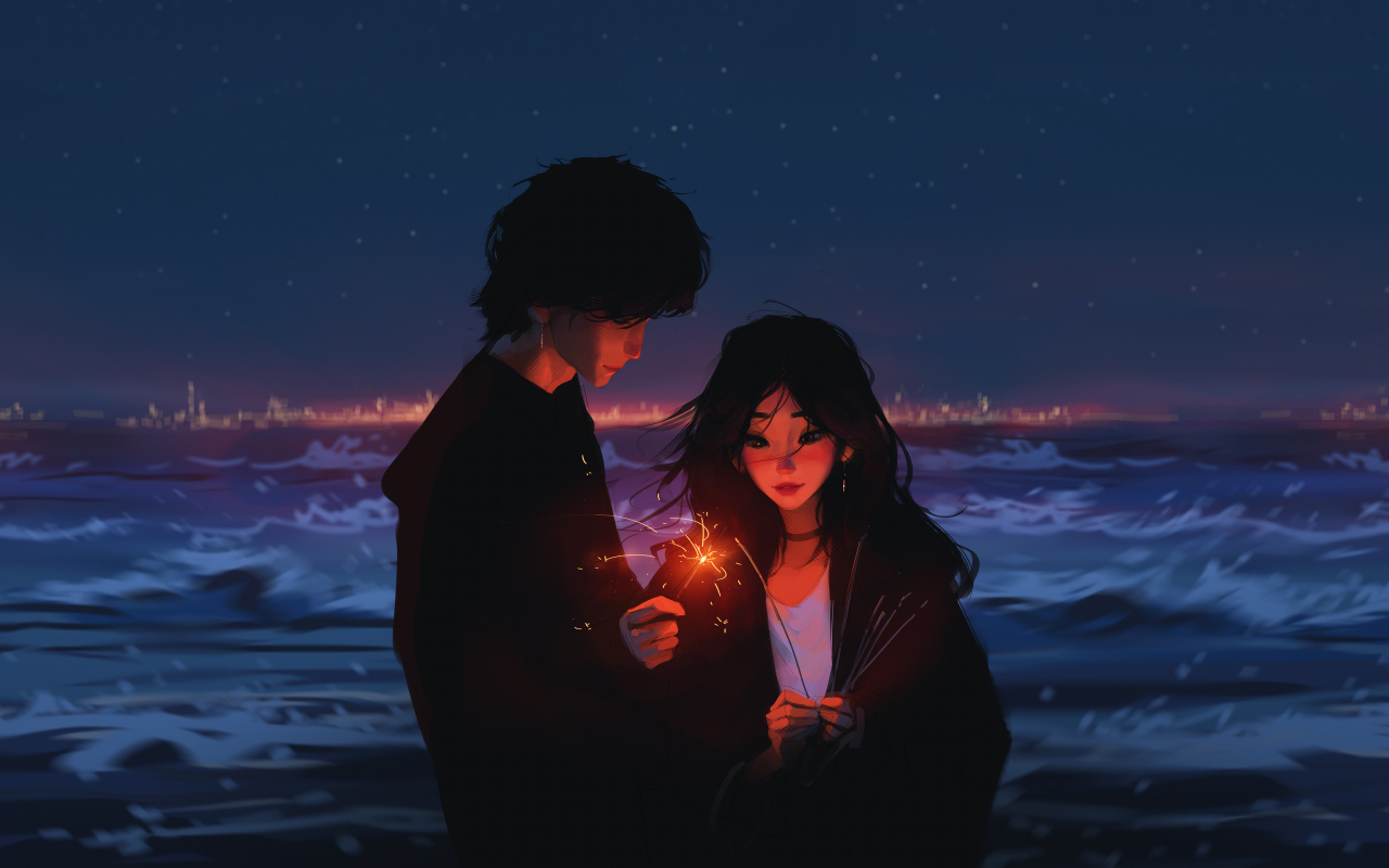 Пара аниме с бенгальскими огнями у воды