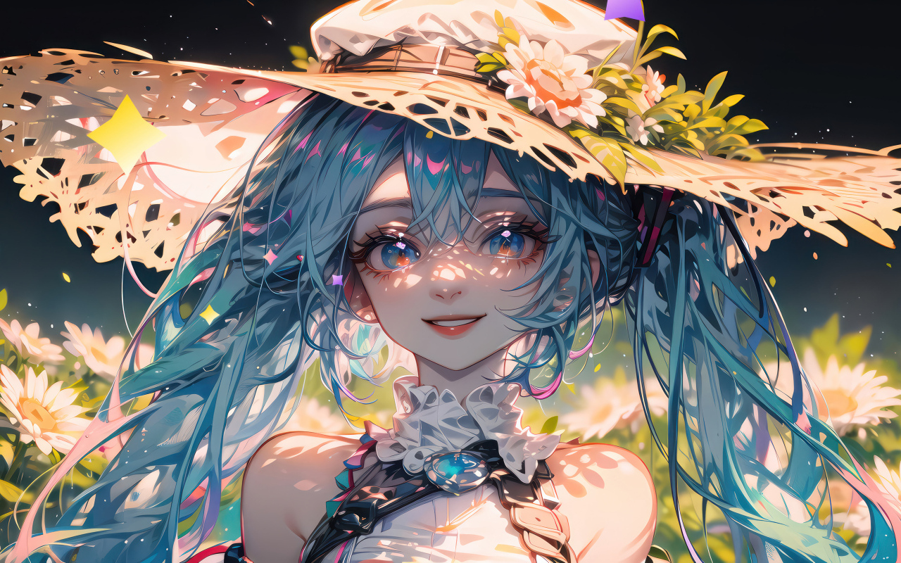 Девушка аниме в большой шляпе с голубыми волосами