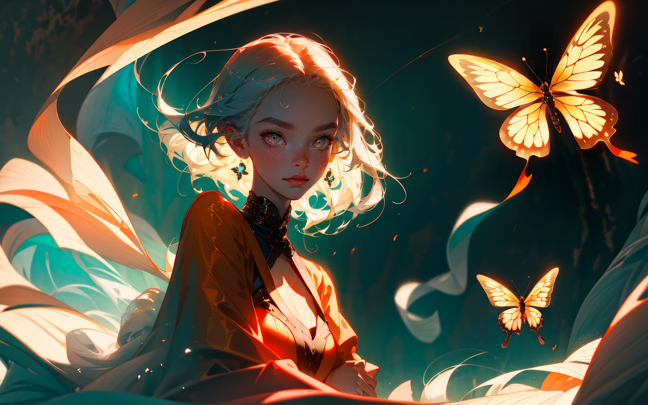 Девушка аниме в лучах света с бабочками