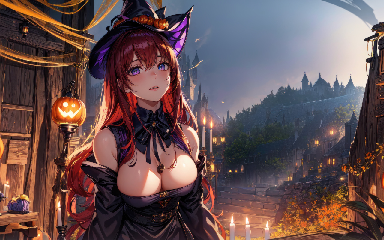 Аниме девушка в костюме ведьмы на Хэллоуин 