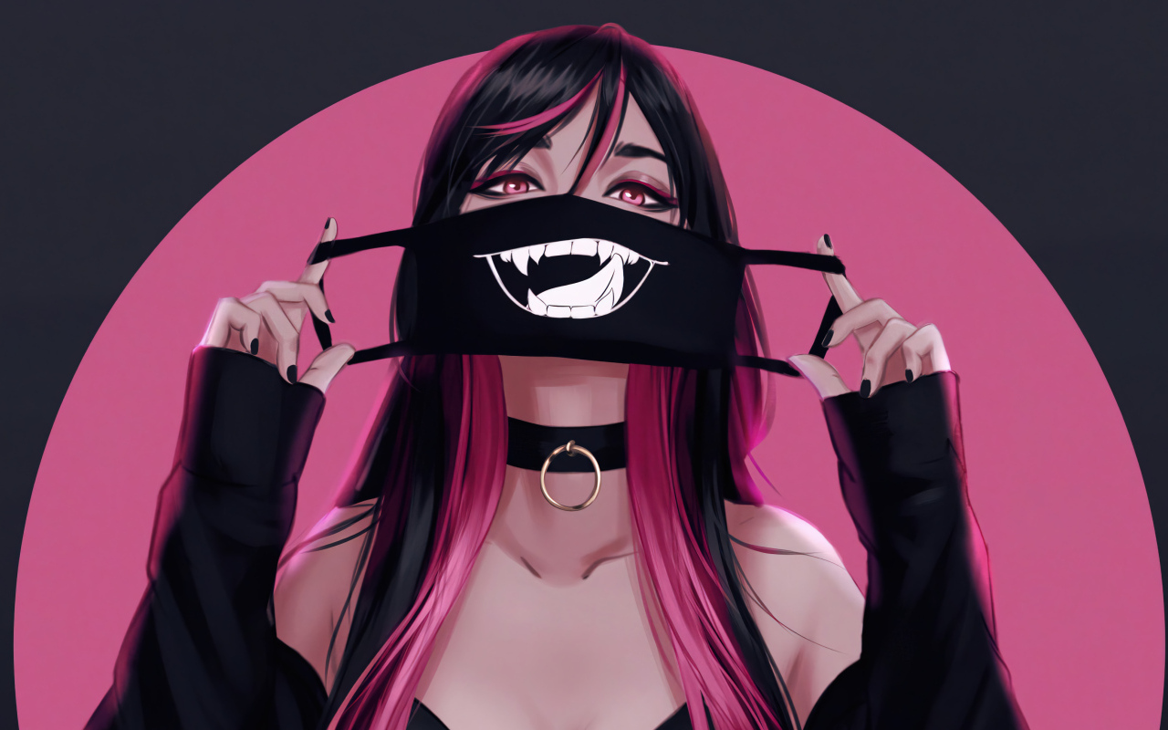 Девушка аниме с черной смешной маской на лице