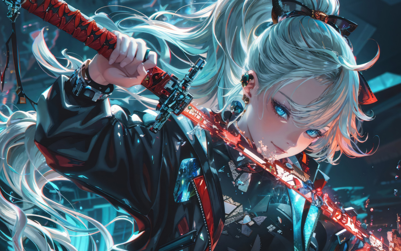 Девушка аниме с голубыми волосами держит катану