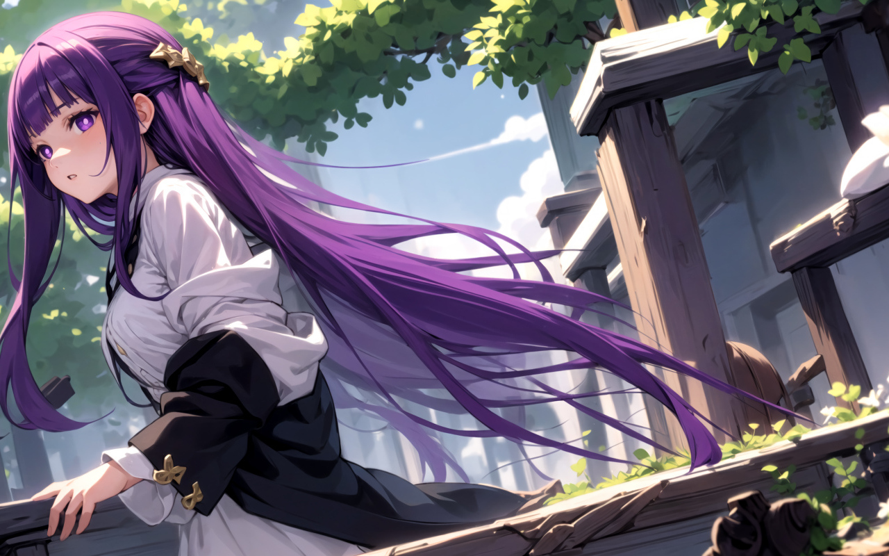 Девушка аниме с длинными фиолетовыми волосами