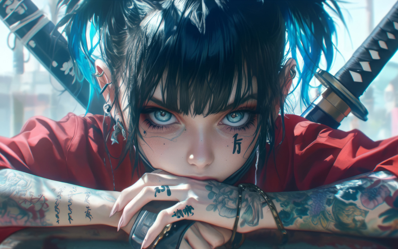 Голубоглазая аниме девушка с татуировками на теле