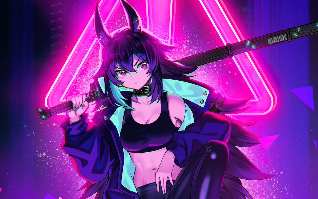 Девушка аниме cyberpunk с катаной в руках