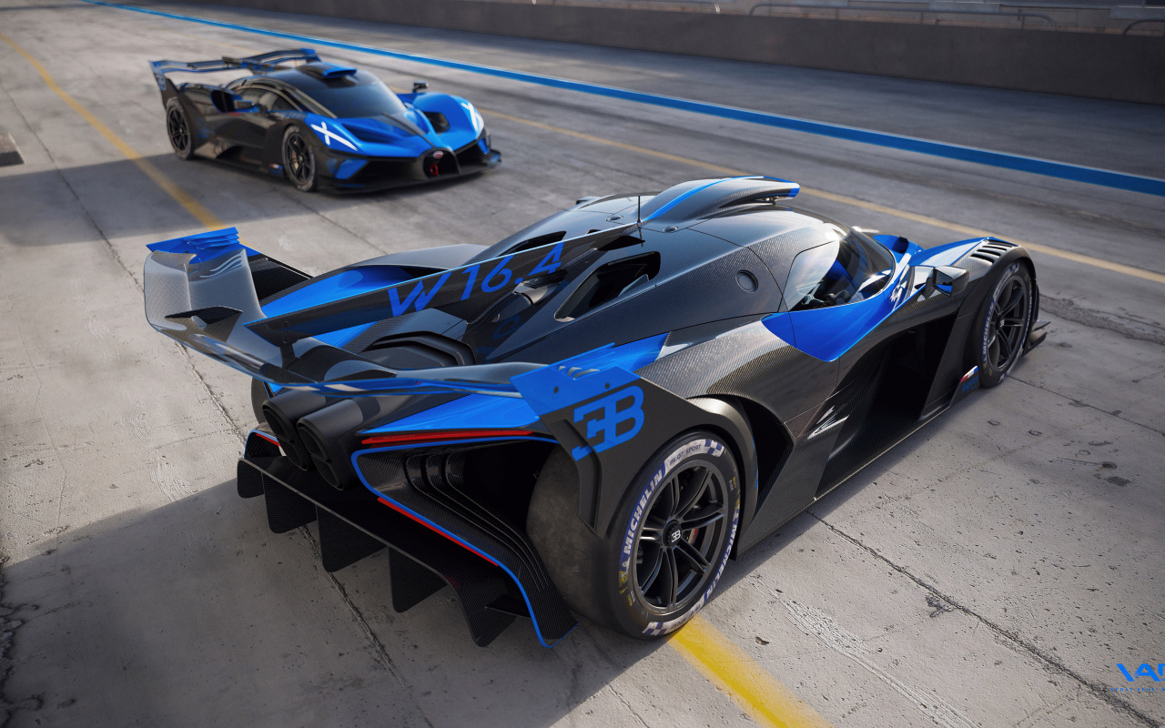 Синий автомобиль Bugatti Bolide Race Track вид сзади