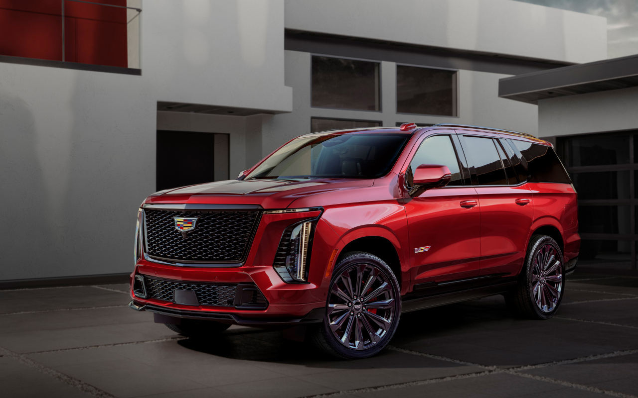 Красный Cadillac Escalade-V 2025 года вид спереди