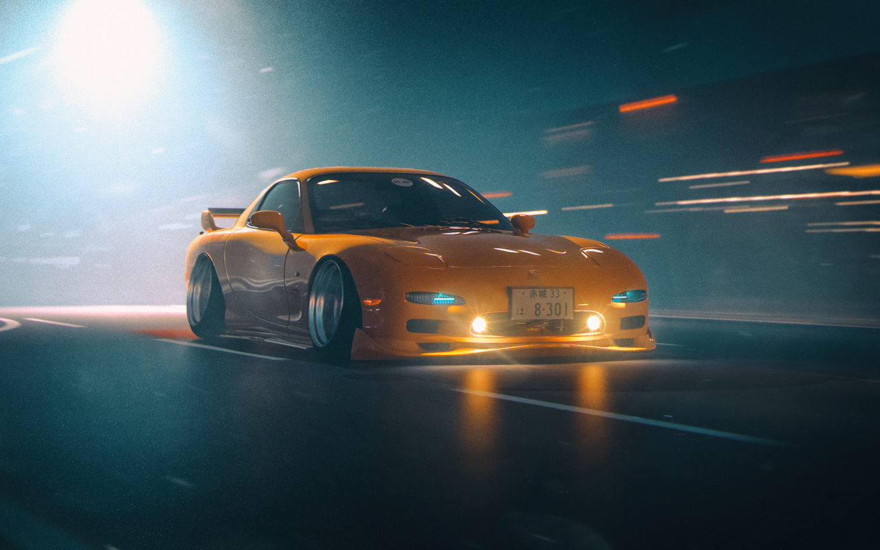 Желтый автомобиль Mazda RX-7 JDM
