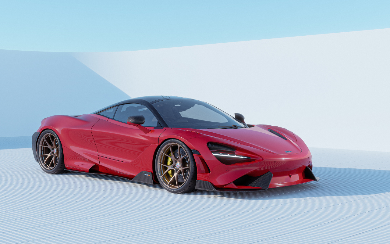 Красный автомобиль  McLaren 765LT CGI на сером фоне