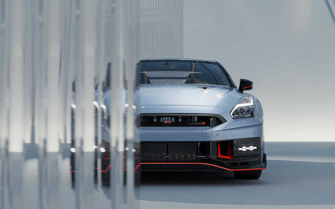 Серебристый автомобиль Nissan GT-R Nismo Front