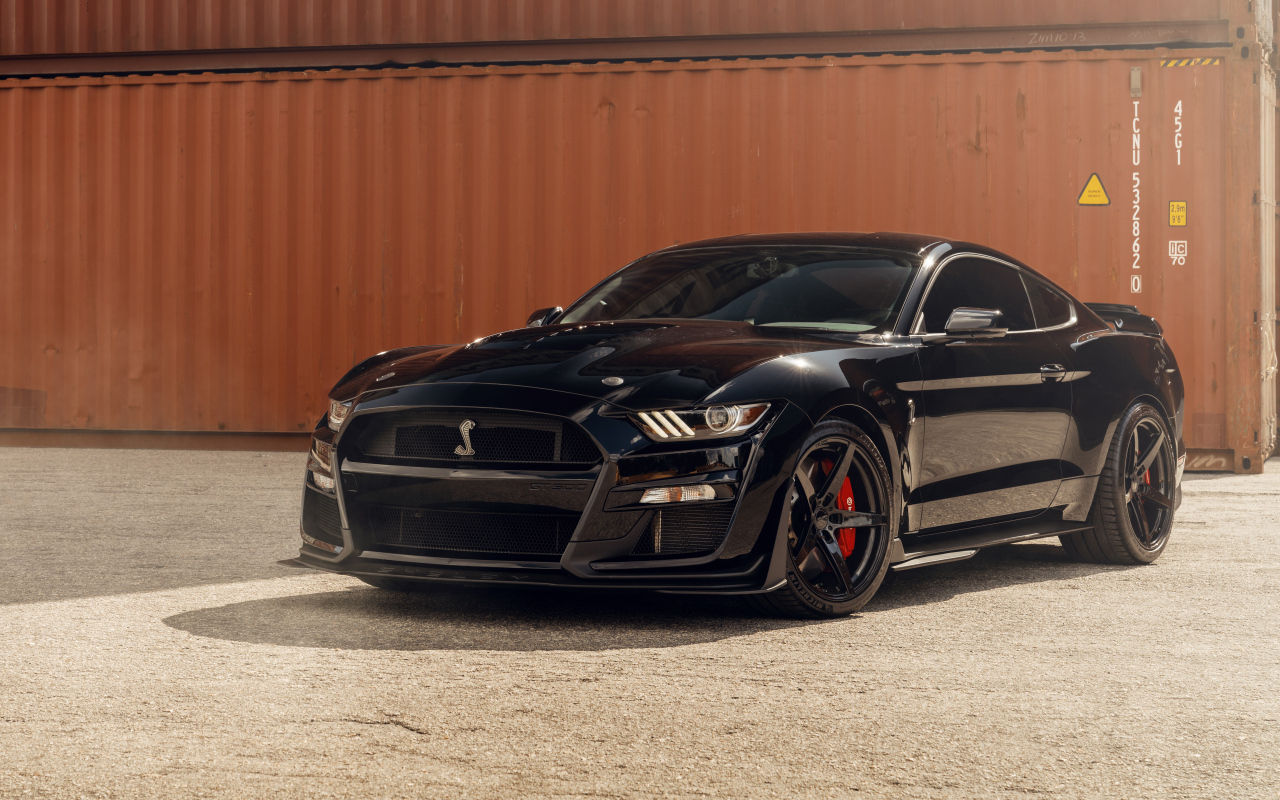 Черный автомобиль Shelby GT500  в порту