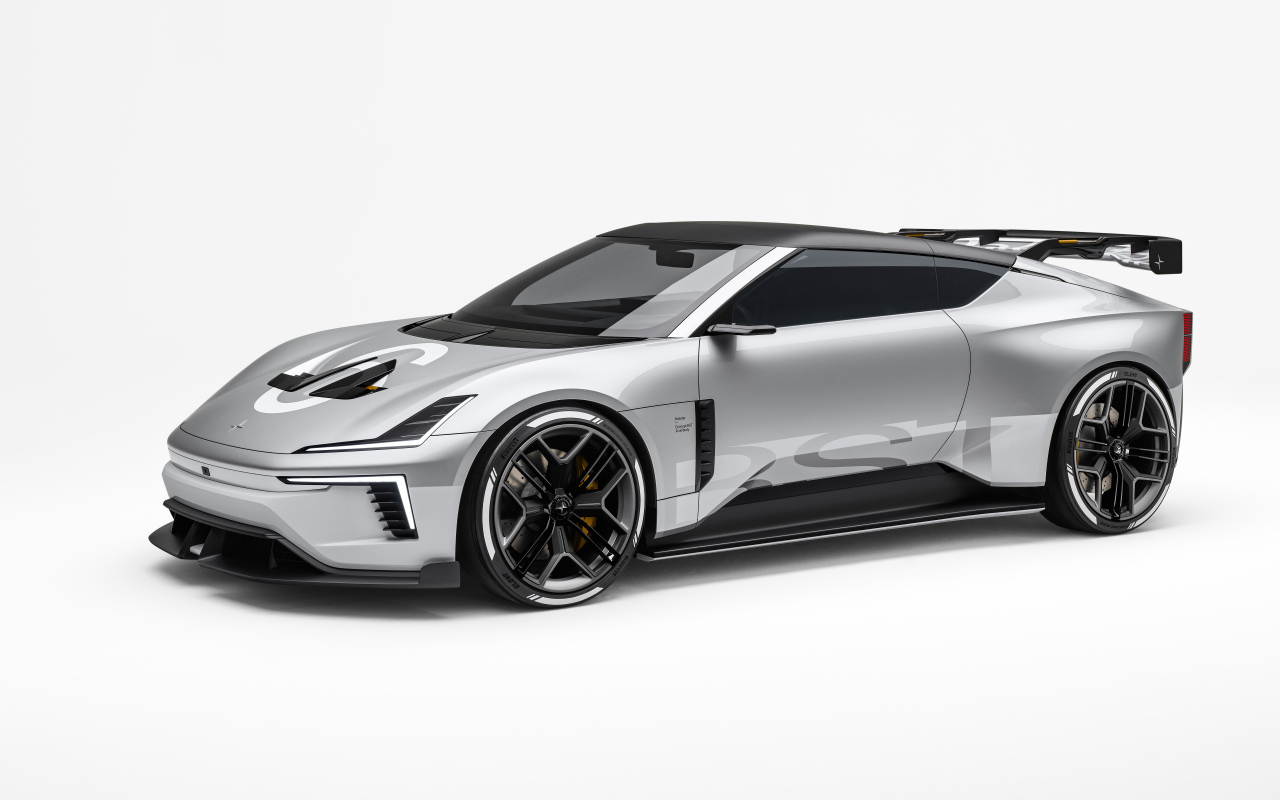 Серебристый автомобиль Polestar Concept BST 2024 года на белом фоне