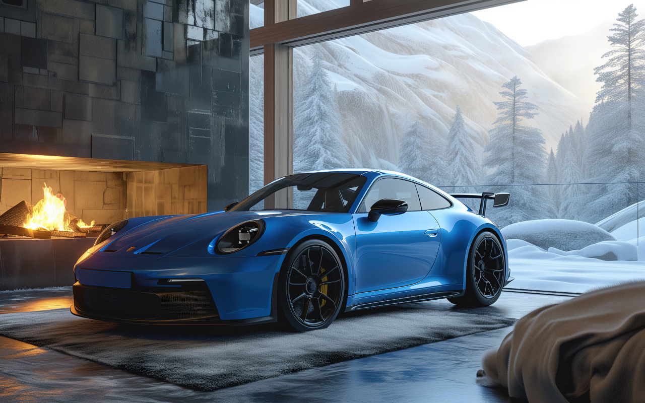 Синий автомобиль Porsche 911 GT3 Cozy в здании