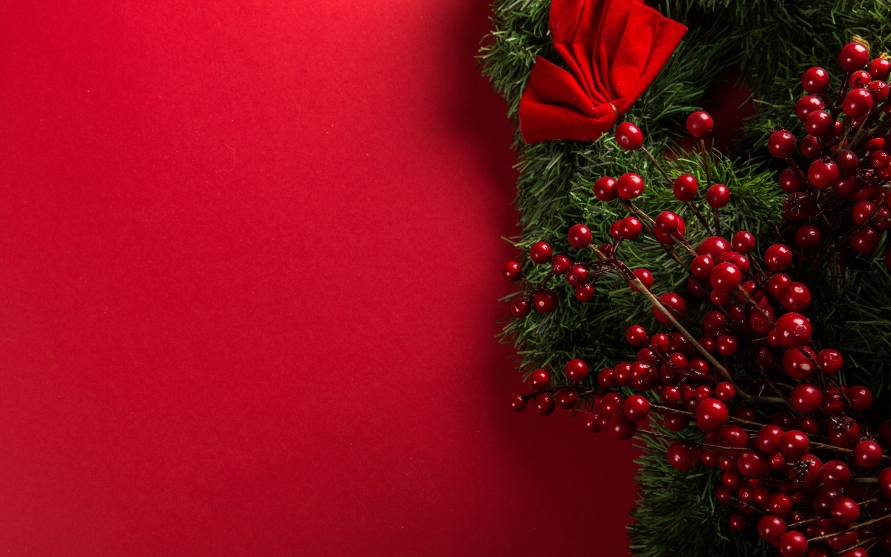 Красный фон с еловой веткой с ягодами