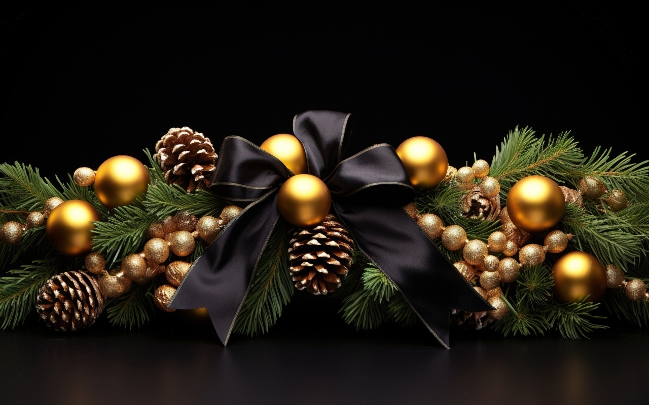 Рождественское украшение из еловой ветки с игрушками на черном фоне