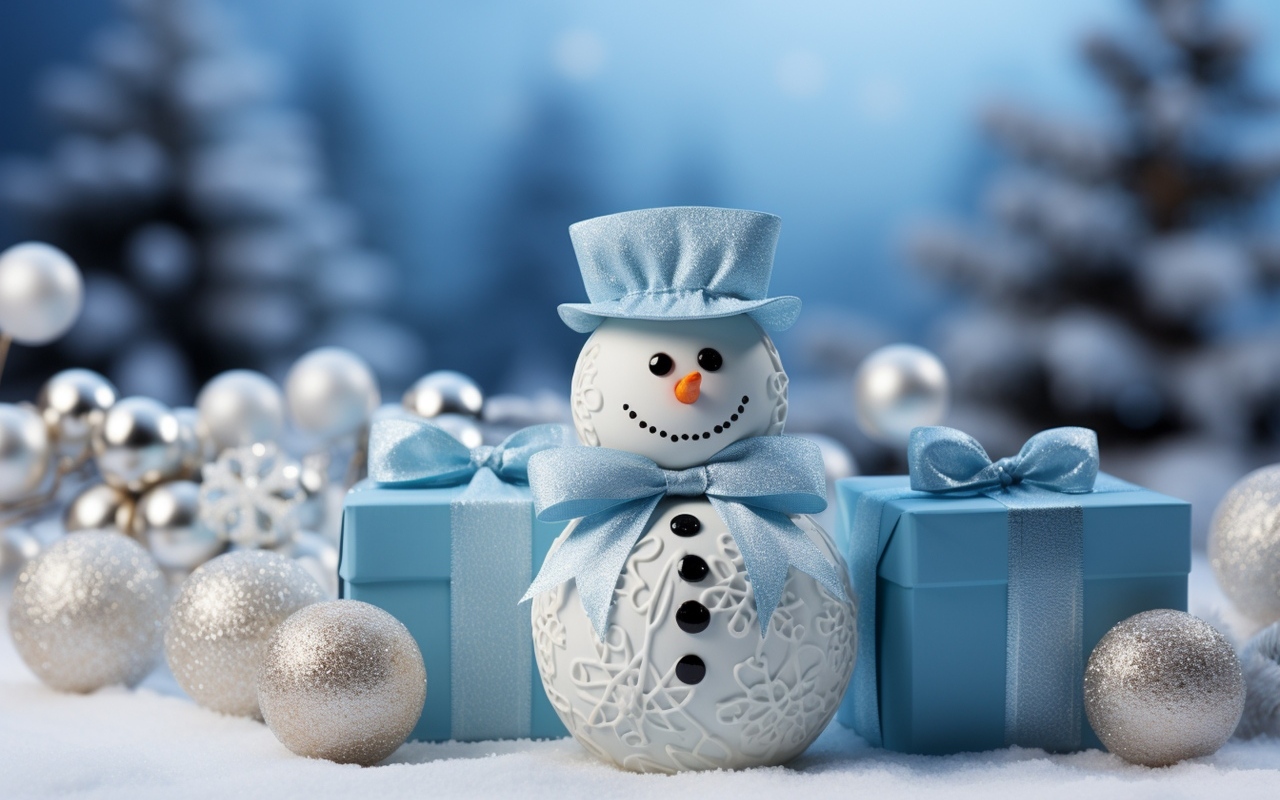 Снеговик с подарками и еловыми игрушками на Рождество