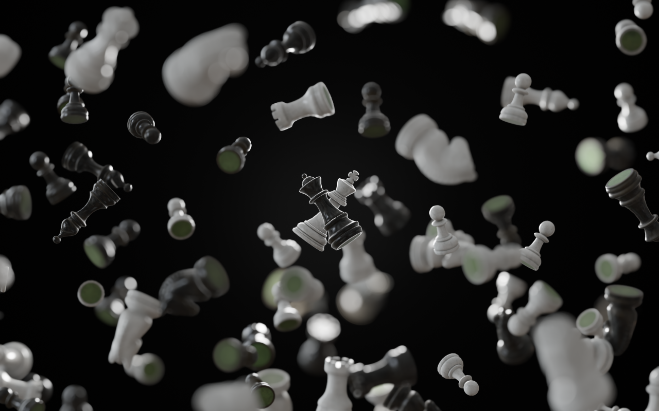 Черные и белые шахматные фигуры парят в воздухе