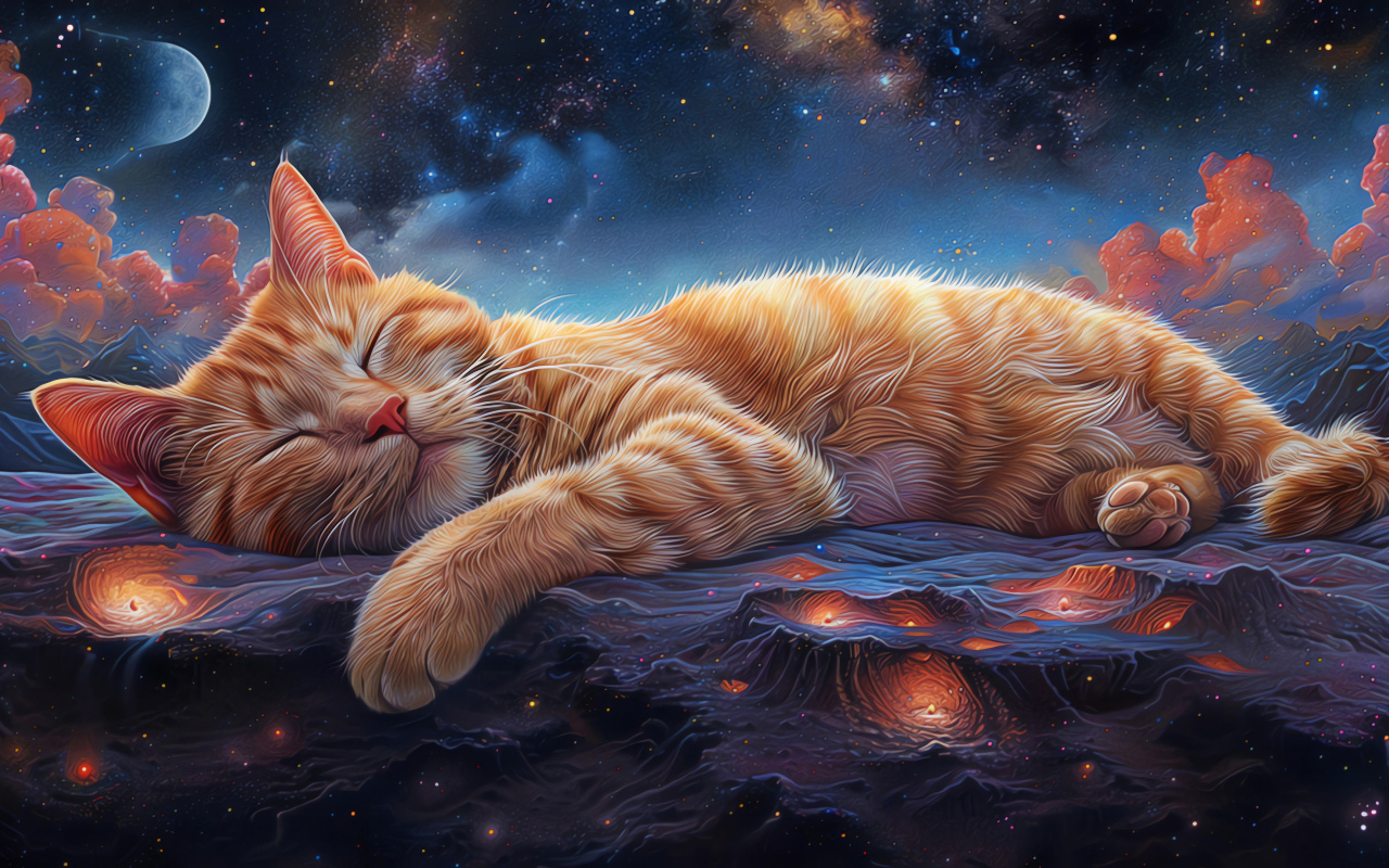 Нарисованный рыжий кот спит на поверхности Марса