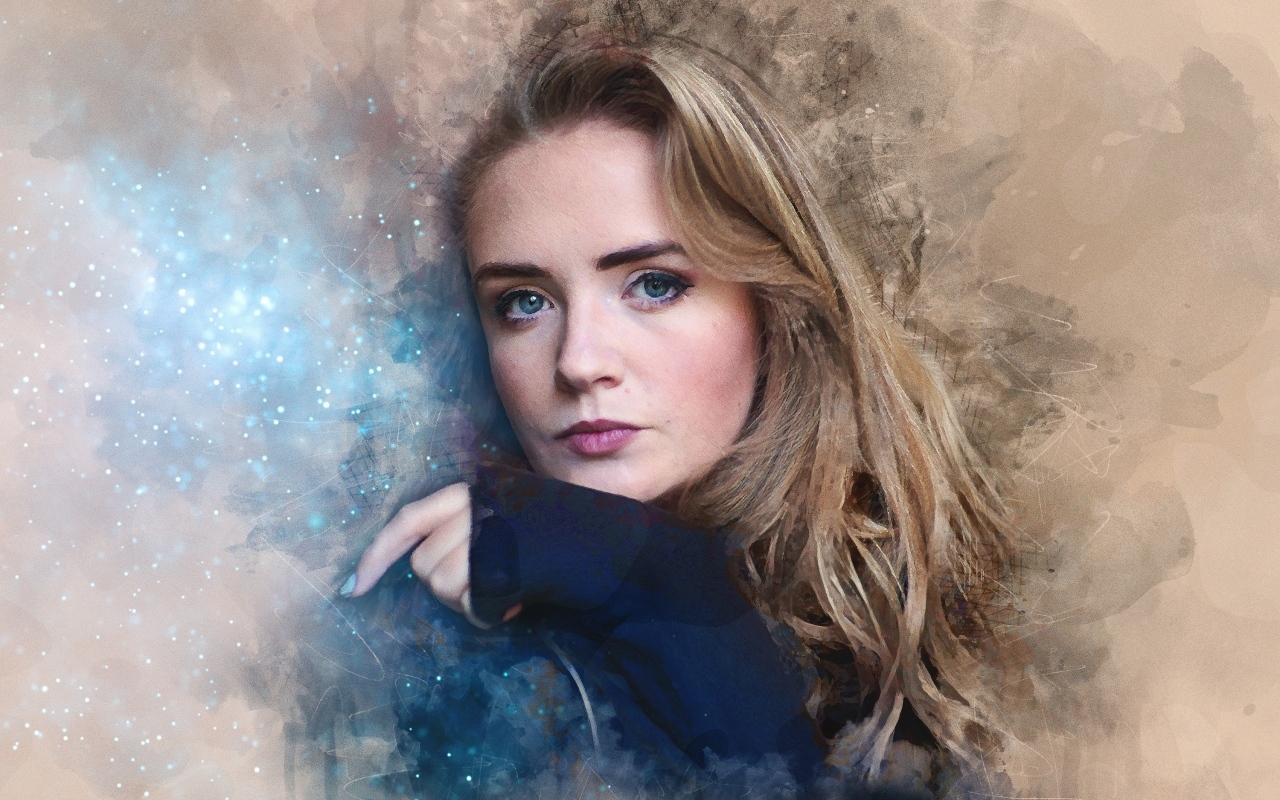 Красивая голубоглазая девушка на нарисованном фоне