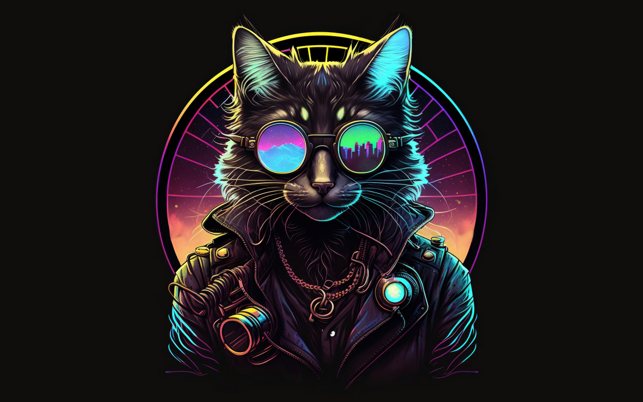 Нарисованный кот в очках и кожаной куртке