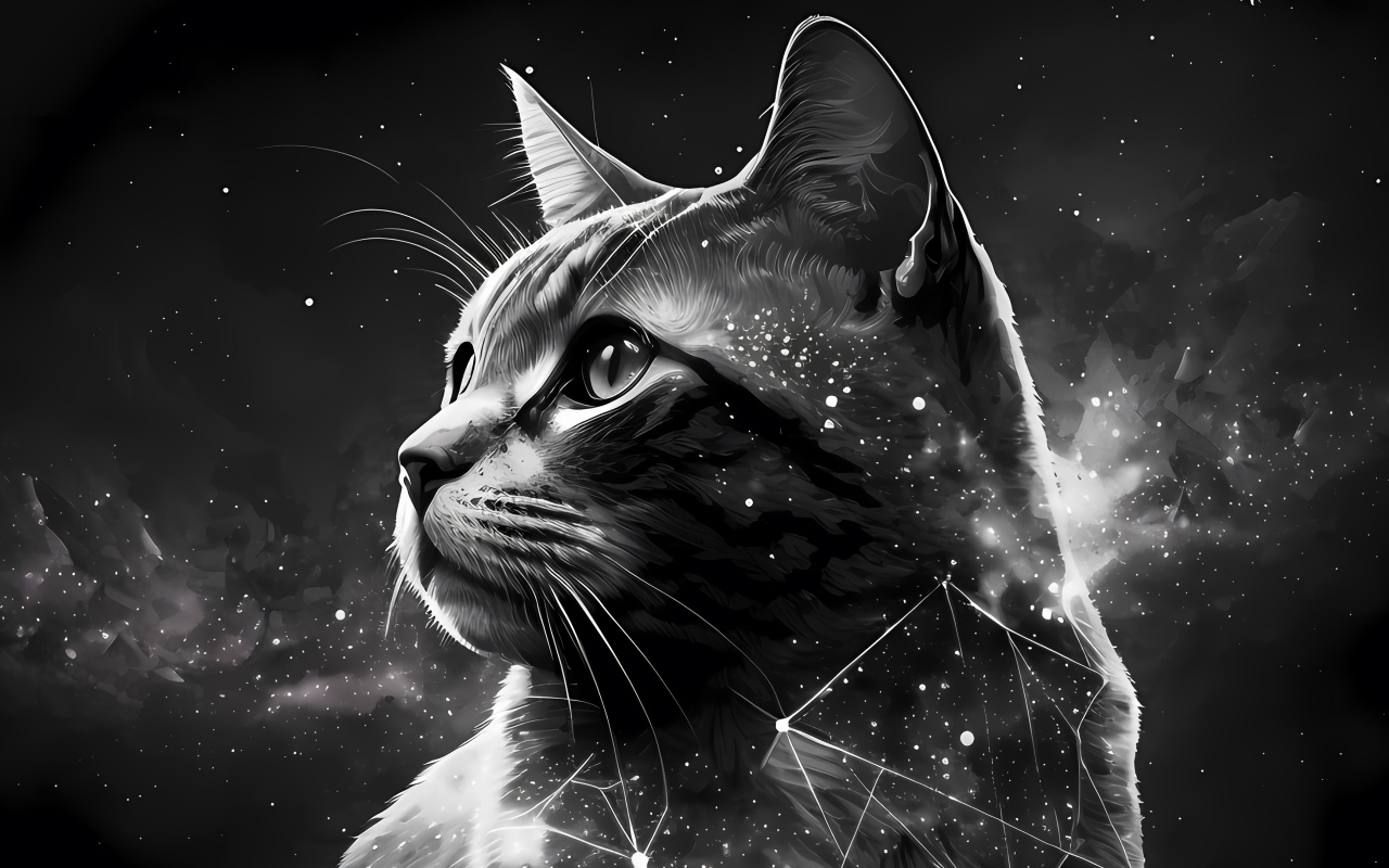 Нарисованный звездный кот на сером фоне
