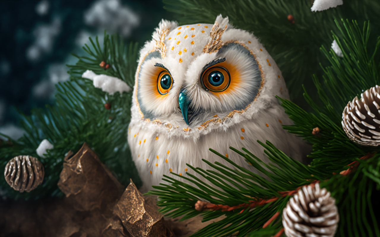 Большая нарисованная сова в сосновых  ветках