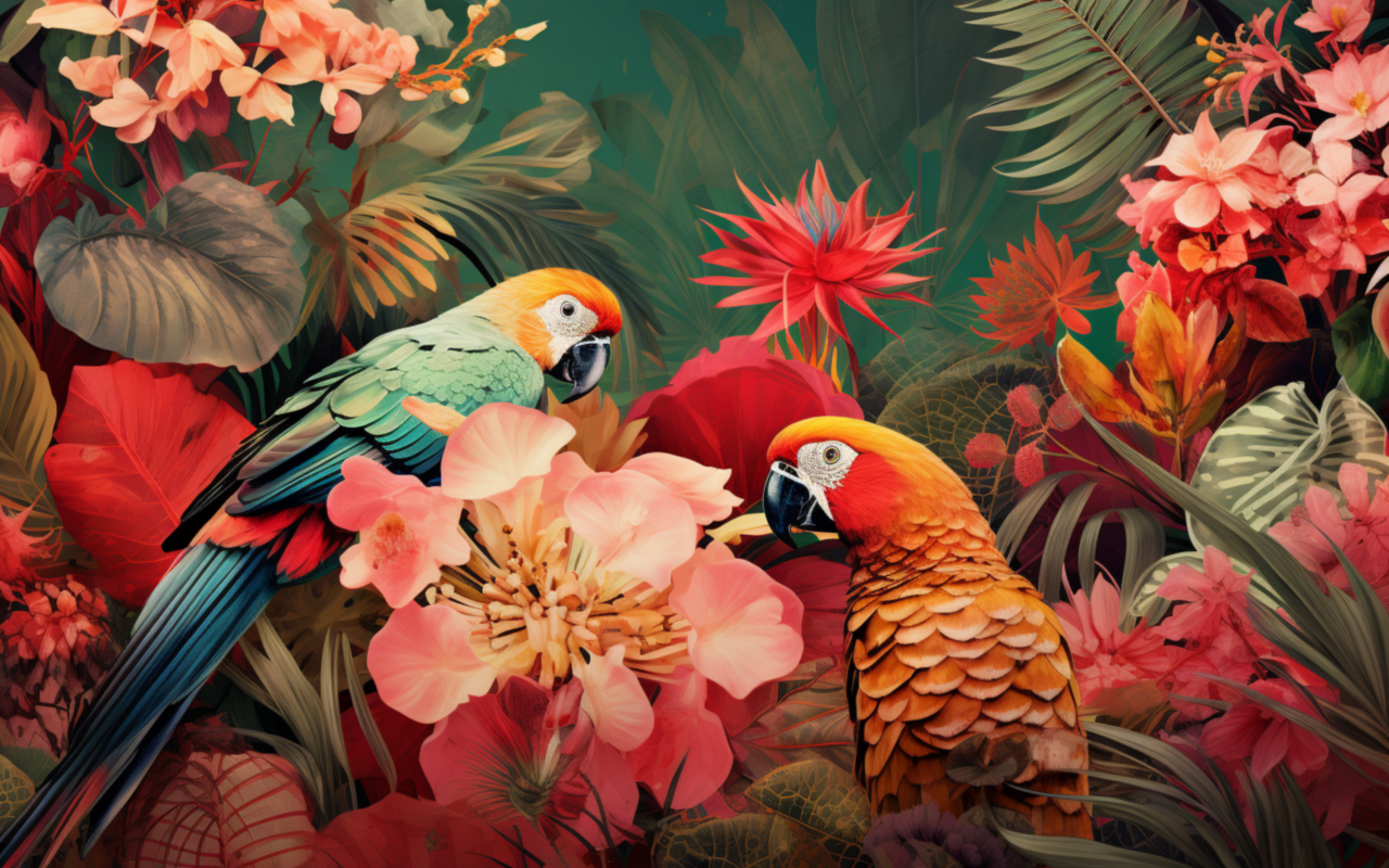 Два красивых попугая в цветах