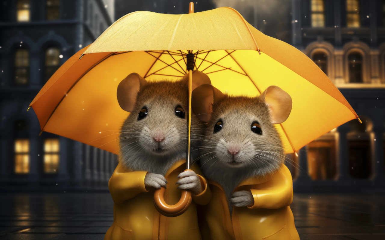 Две серые крысы под желтым зонтом