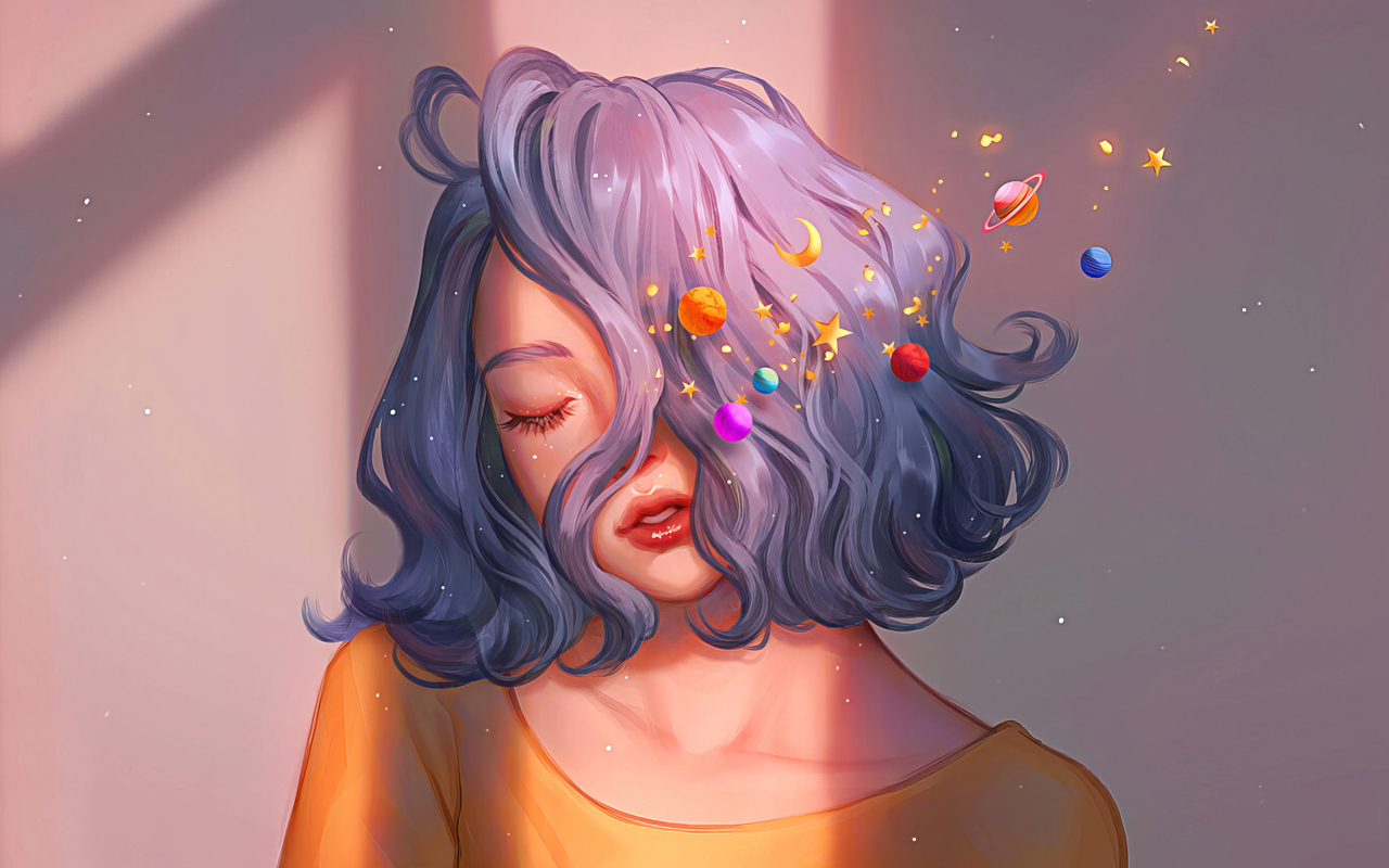 Красивая девушка с закрытыми глазами с фиолетовыми волосами