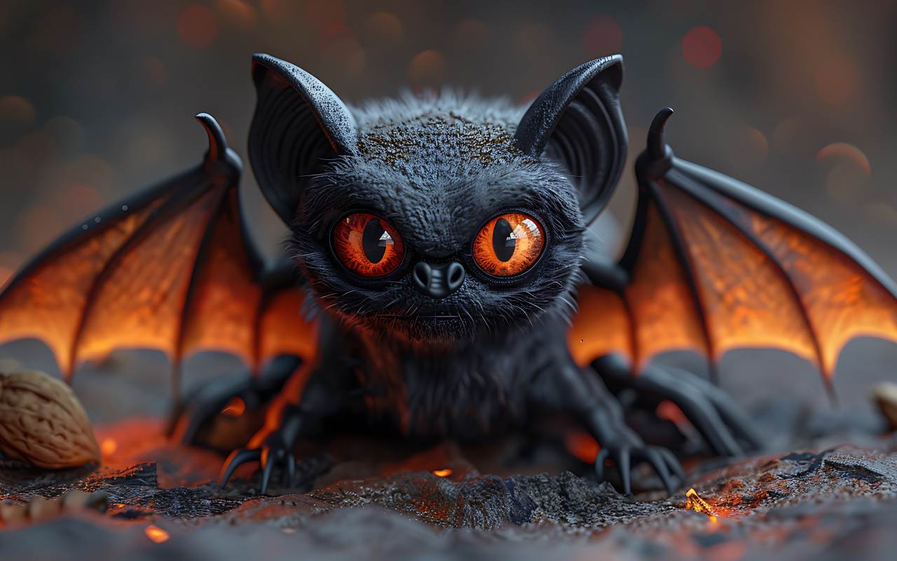 Маленькая летучая мышь с красными глазами расправила крылья