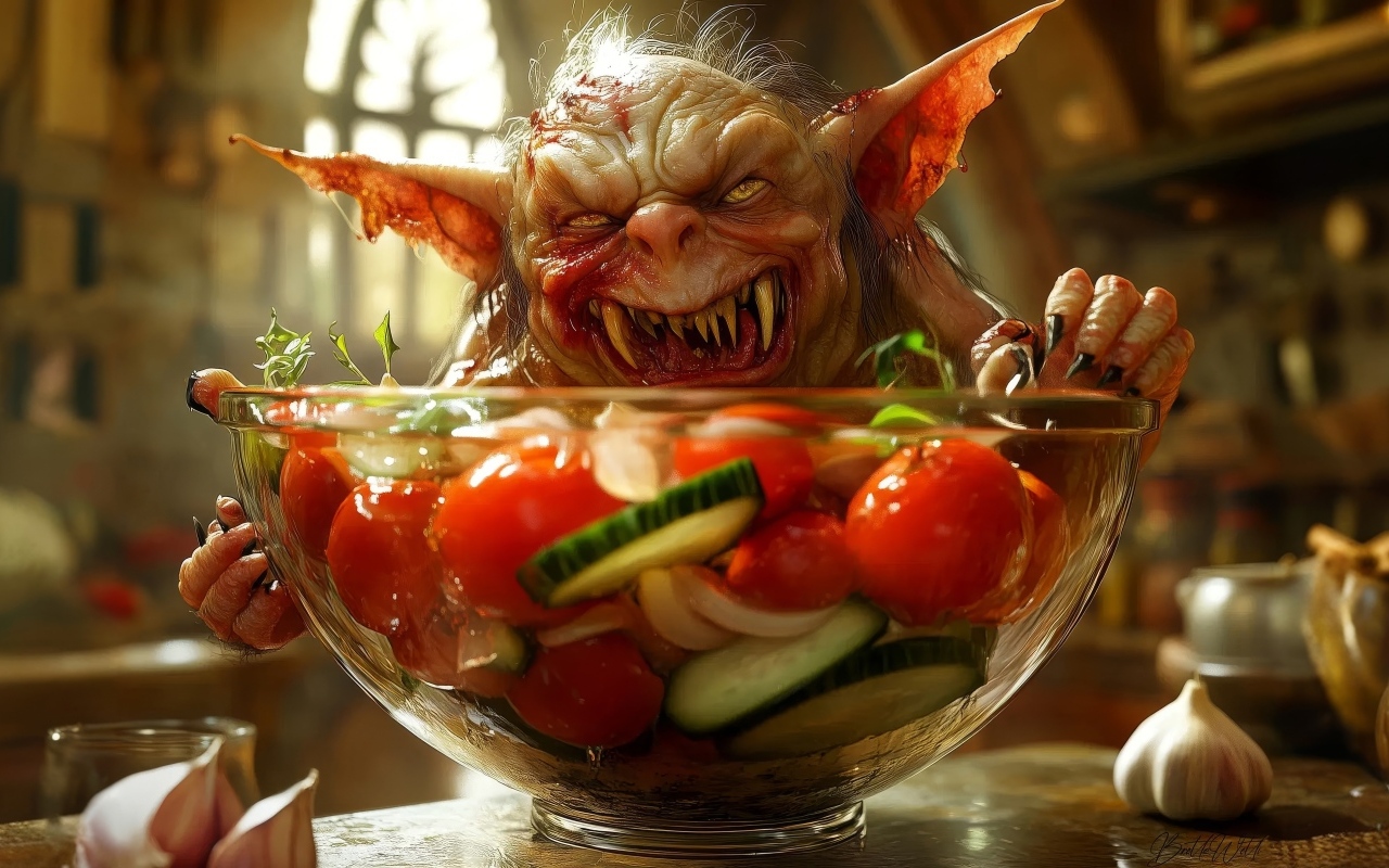 Маленький гремлин с острыми зубами стоит на кухонном столе с чашкой салата в руках