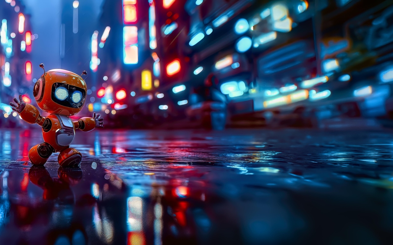 Маленький робот идет по мокрому асфальту в городе