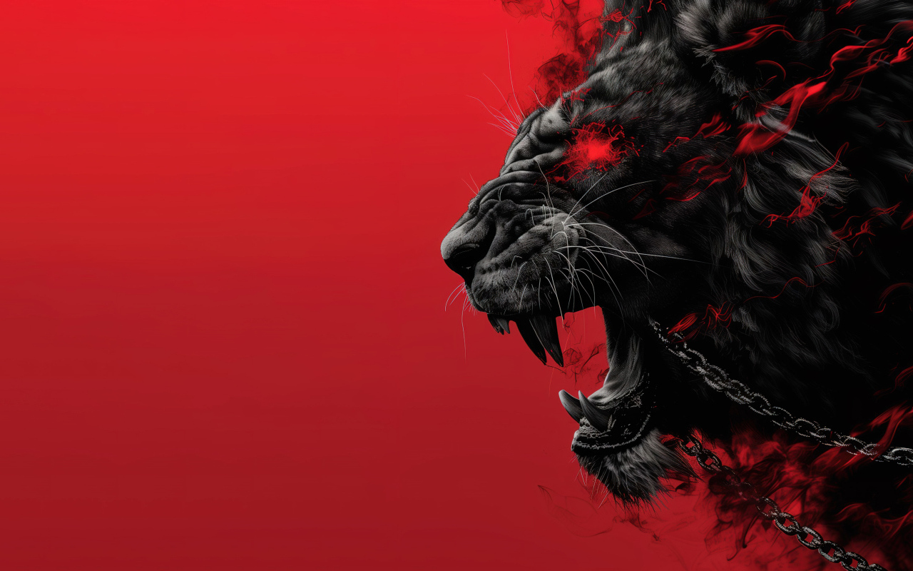 Черный демонический лев с цепями на красном фоне