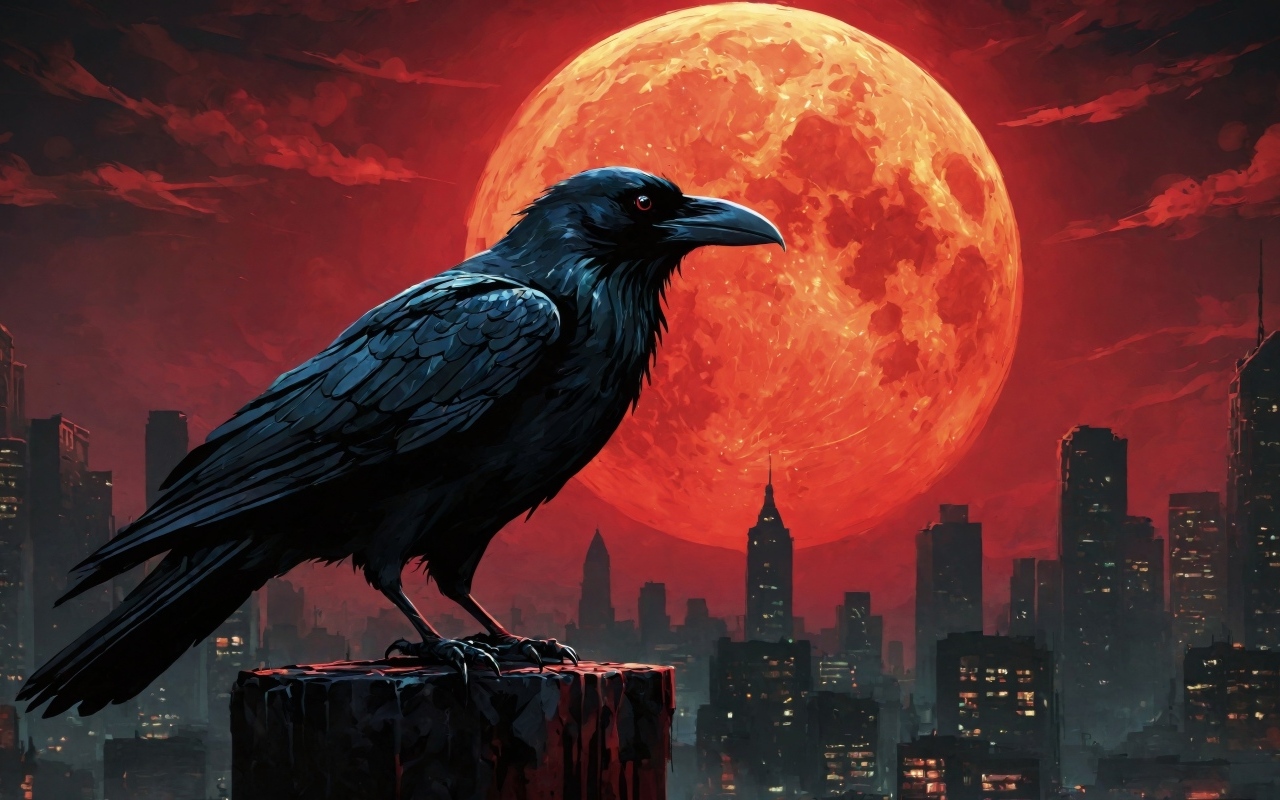 Черный ворон на фоне красной огненной луны