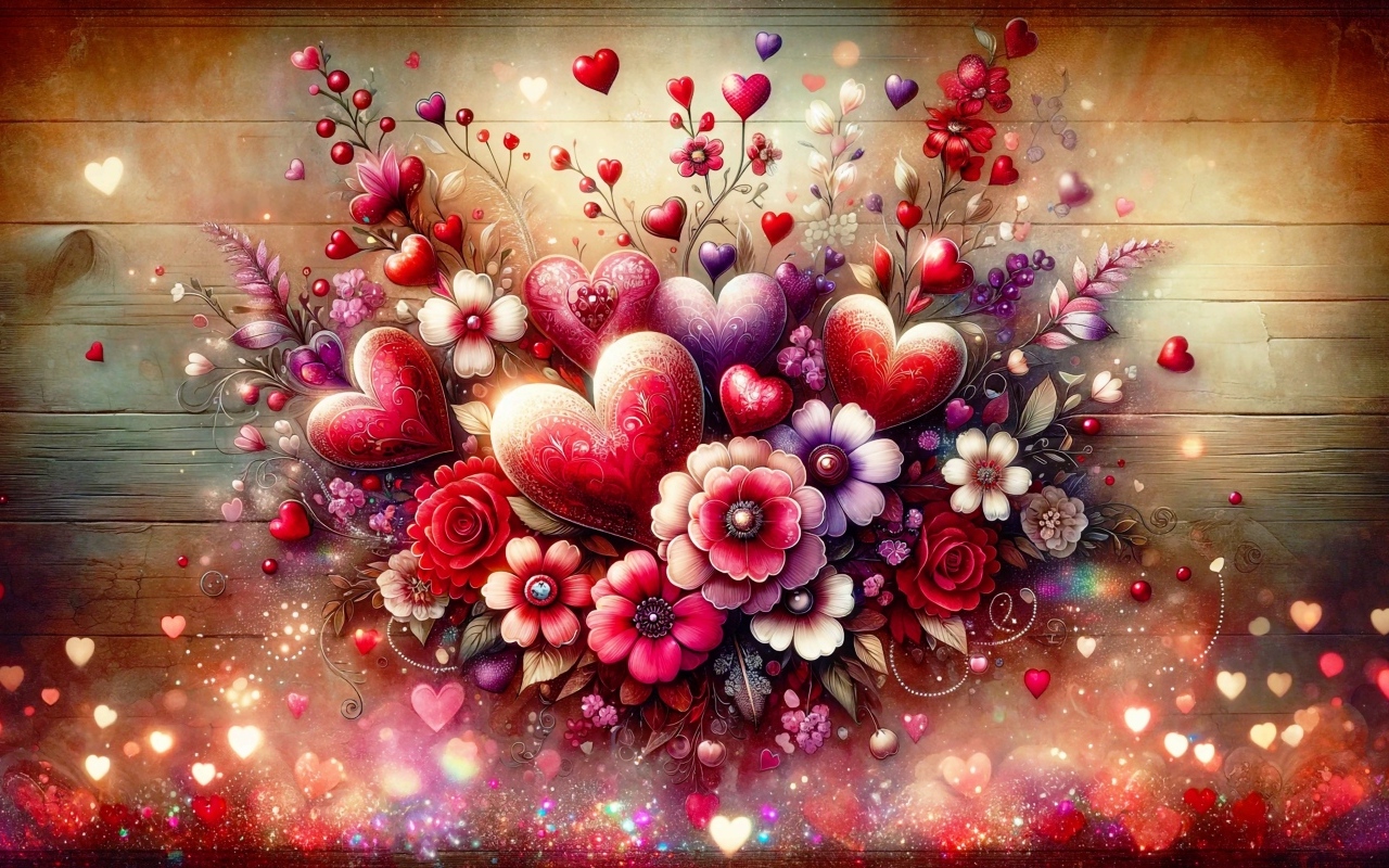 Нарисованные фантастические цветы с сердечками