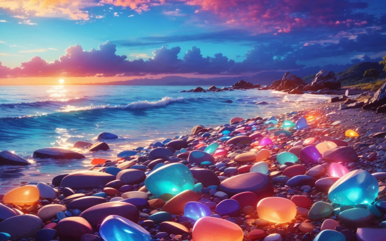 Разноцветные светящиеся камни на берегу моря