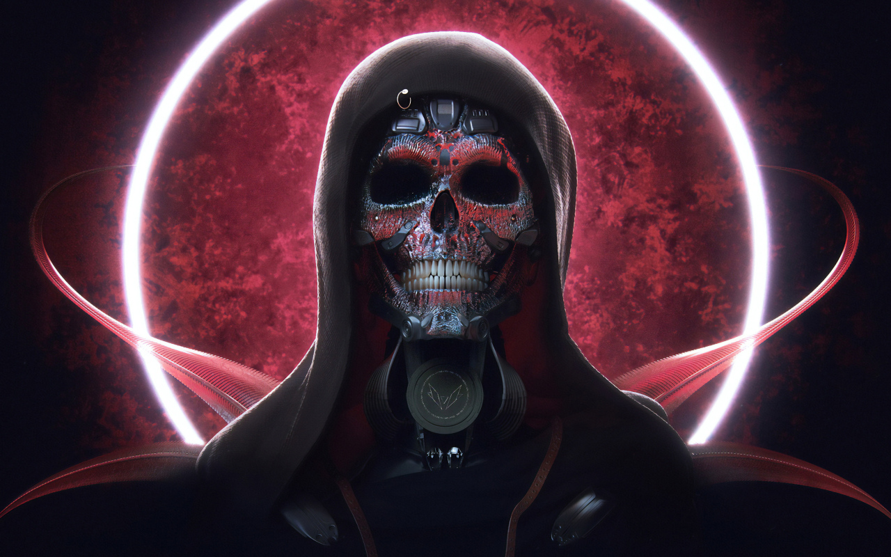 Скелет в плаще на фоне красного круга