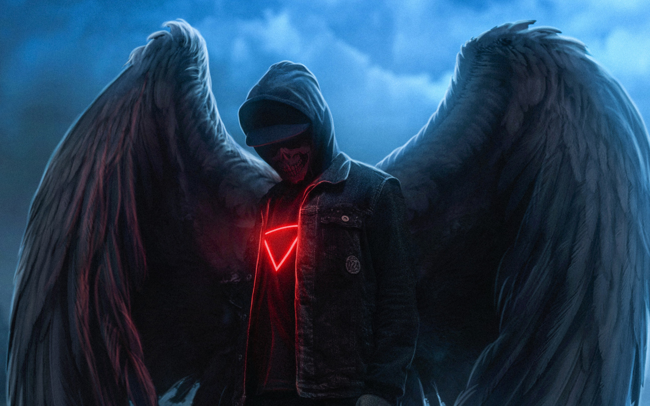 Скелет в куртке с большими крыльями ангела