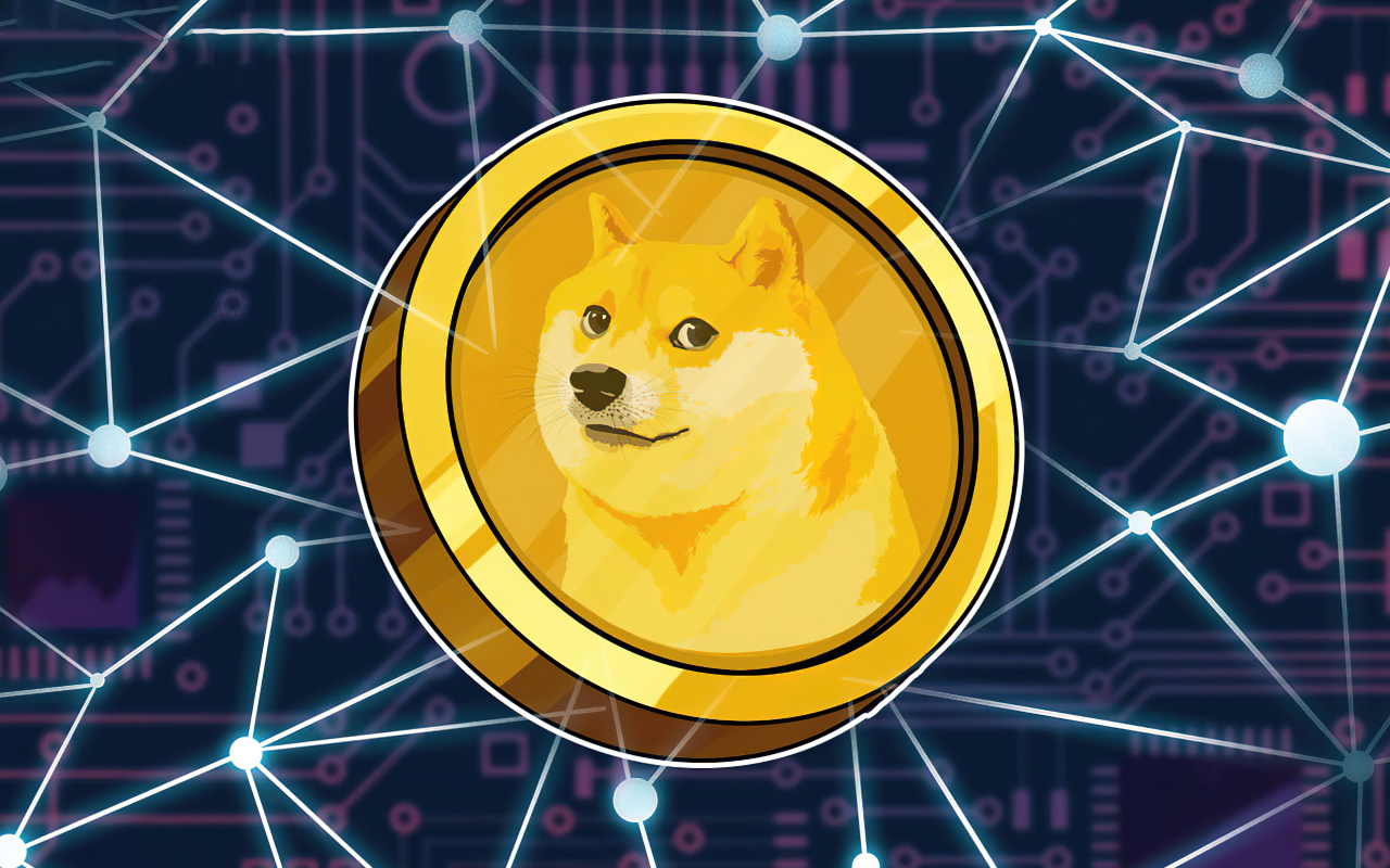 Монета dogecoin на фоне с  сеткой