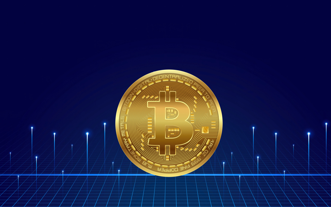 Золотая монета биткоин на синем фоне с неоновыми  лучами