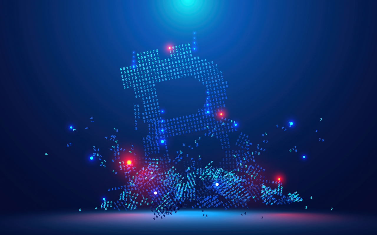 Значок биткоин разрушается на числовой код на синем фоне