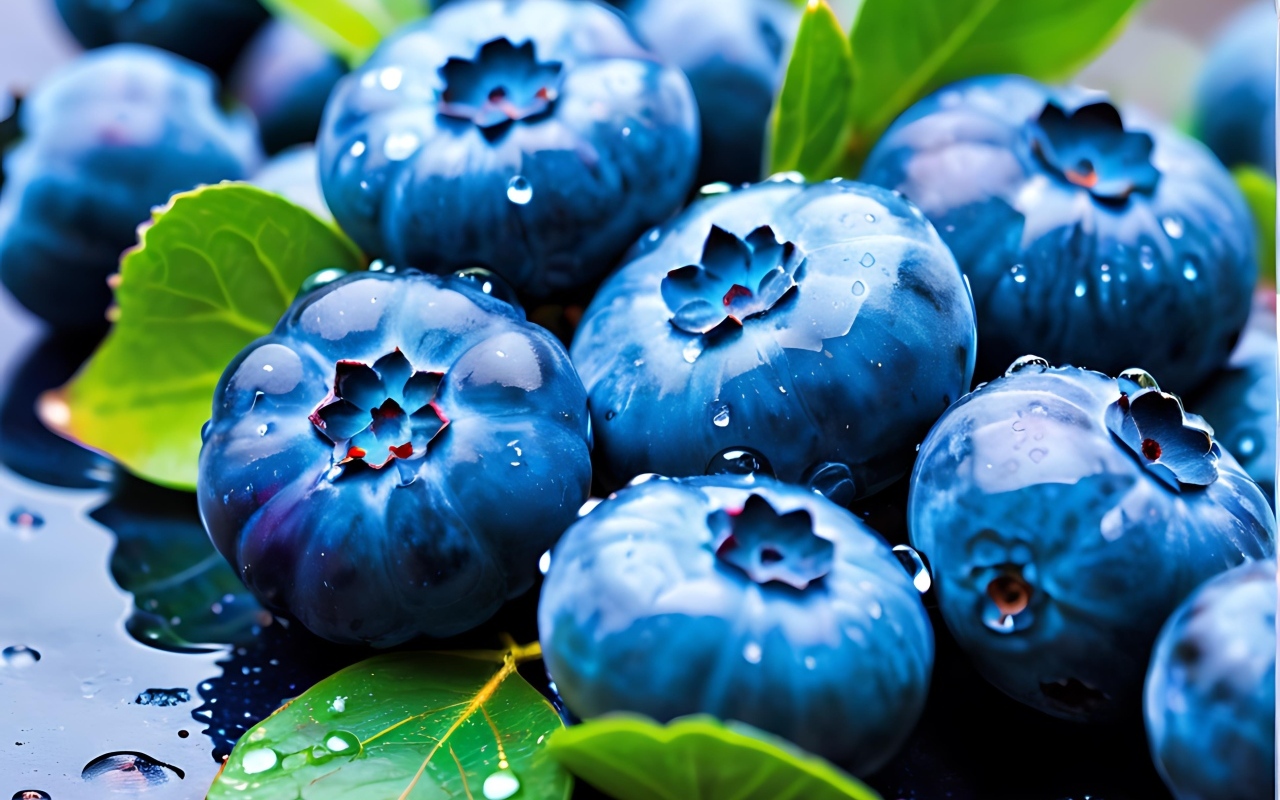Синие ягоды черники в каплях воды