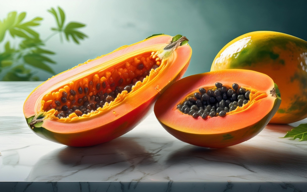 Папайя с черными зернами на столе
